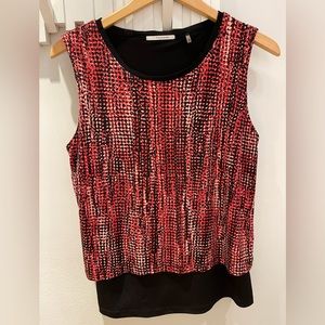 Tahari Small tiered red & black print knit tank top - layered, casual to dressy